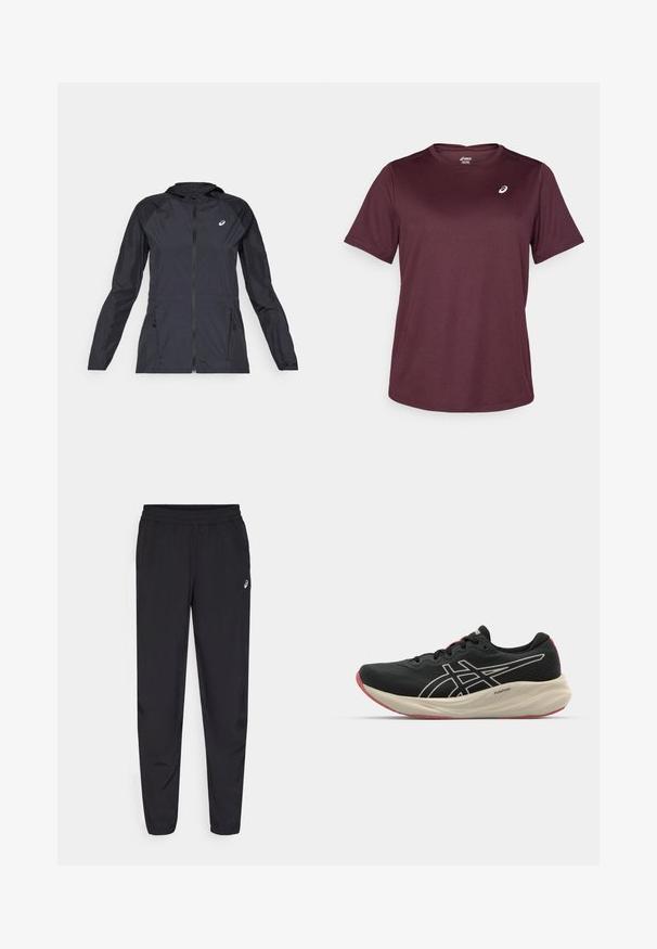 Giacca leggera nera con cappuccio, zip intera, due tasche laterali e pannelli neri a contrasto sulle spalle e sulle maniche.; Maglietta sportiva color bordeaux realizzata in tessuto traspirante, con maniche corte e scollatura rotonda, dotata di un piccolo logo sul petto.; Pantaloni sportivi neri con vita elastica, gambe affusolate con polsini, realizzati in un materiale leggero e liscio, con un piccolo logo sulla coscia.; Scarpa da corsa nera con tomaia in rete e dettagli bianchi. Presenta un intersuola ammortizzata e un particolare suola rossa. Design leggero.