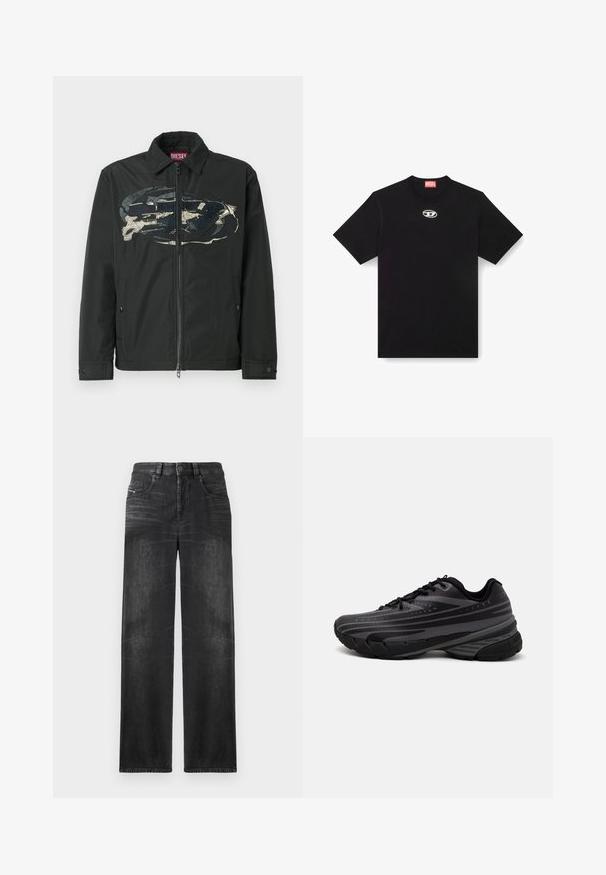 Jachetă neagră cu fermoar, cu guler ascuțit, având un design abstract mare în față, în nuanțe de albastru și bej. Două buzunare laterale.; Tricou negru din bumbac cu guler rotund și mâneci scurte. Prezintă un mic logo argintiu brodat în centrul frontal.; Jeans negri cu picioare drepte, fabricate din denim, având cinci buzunare, bucle pentru curea și o ușoară decolorare pe material pentru textură.; Pantof de alergare negru cu un superior texturat, având dungi gri. Talpă groasă pentru amortizare, vârf rotund și șireturi plate pentru o potrivire sigură.