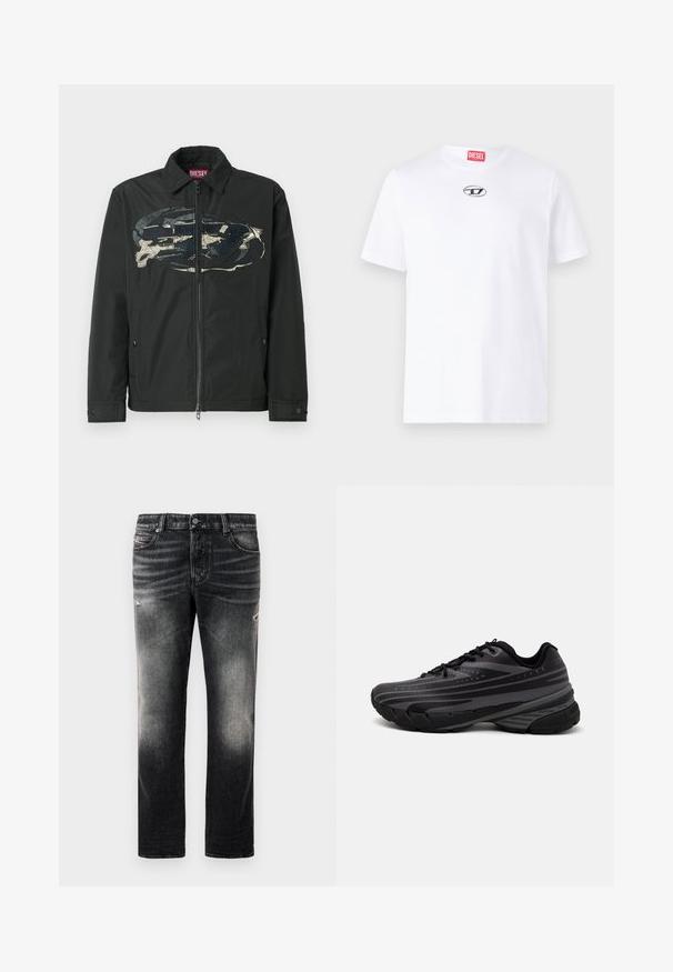 Svart zip-up jakke med spiss krage, med et stort abstrakt design på forsiden i blått og beige. To sidelommer.; Hvit bomulls t-skjorte med korte ermer, med rund hals og et sølvfarget Diesel-logo-patch på brystet. Enkel design, ensfarget.; Sorte jeans med en falmet finish og slidte detaljer, standard fem-lomme-design og glidelås foran. Laget av denimstoff.; Svarte joggesko med en teksturert overdel som har grå striper. Tykk såle for demping, rund tå og flate snører for en sikker passform.