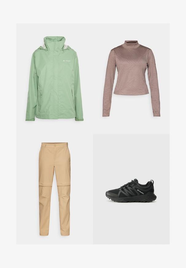 Žalia nepralaidi vandeniui striukė su aukšta apykakle, reguliuojamu kapučinu, dviem šoninėm kišenėm ir sklandžiu, lengvu audiniu.; Columbia GRANITE POINT™ - Ilgarankovis viršutinės dalies drabužis - iron; Kremo spalvos kelnių su užtrauktuku ir kišenėmis, tiesiu priekyje, su mygtuko uždarymu ir siaurėjančiomis kojomis. Pagamintos iš lengvos medžiagos, su lygiu paviršiumi.; Columbia PEAKFREAK - Turistiniai batai - black