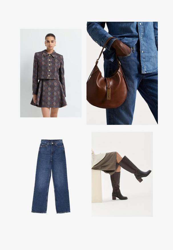 Vrouw in een bruin-blauw gestreepte jas met grote gouden knopen en een bijpassende uitlopende rok, staand tegen een effen witte achtergrond.; Twee mouwloze geribbelde coltruien in bruin en zwart, weergegeven op een effen witte achtergrond.; Wijde spijkerbroek in blauwe denim met hoge taille, voorzien van een knoopsluiting, vijf zakken en subtiele vervaging op de stof.; Bruine leren laarzen tot de knie met een vierkante neus, stevige hak en zijrits. Gladde textuur met een gepolijste afwerking.; Bruine leren hobo tas met een rondvorm, voorzien van een gouden hardwareaccent en contrasterende stiksels. Gecombineerd met een denim shirt en jeans.