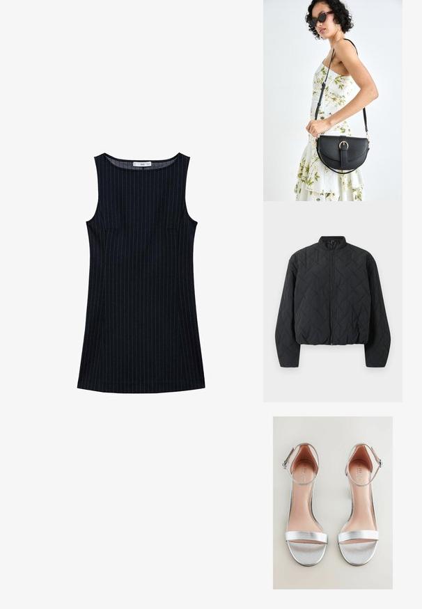 Pikowana czarna kurtka bomberka z żeberkowym kołnierzem, pełnym zamkiem z przodu i szerokimi rękawami. Teksturowana powierzchnia z wzorem w diamenty.; Granatowa sukienka bez rękawów w paski, o prostym kroju, z bocznymi kieszeniami i okrągłym dekoltem. Gładka tekstura materiału.; Srebrne sandały na wysokim obcasie z metalicznym wykończeniem, smukłym paskiem na kostce i szerokim paskiem z przodu. Lekko wyściełana wkładka z logo marki.; Czarna skórzana torebka o zakrzywionym kształcie, z odpinanym paskiem i złotymi akcentami. Torebka posiada klapę z zapięciem w kształcie klamry.