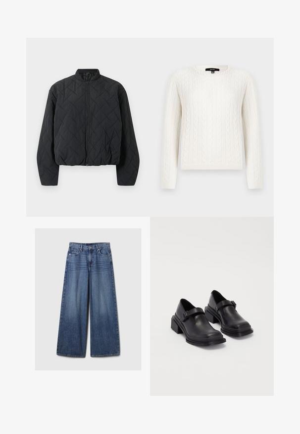 Giacca bomber nera trapuntata con colletto a coste, zip frontale completa e maniche larghe. La superficie testurizzata presenta un motivo a rombi.; Maglione bianco a maglia grossa con maniche lunghe, scollatura rotonda e decorazione di perle al colletto. Tessuto morbido e design aderente.; Jeans in denim blu a gamba larga con una finitura sbiadita, dotati di chiusura a bottone e zip, cinque tasche e passanti per cintura.; Scarpe in pelle nera con punta arrotondata, suola piatta e una cintura con dettaglio fibbia. Tacco a blocco spesso per una maggiore stabilità.