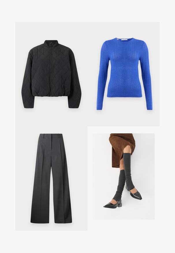 Quilted black bomber jacket with a ribbed collar, full zipper front, and wide sleeves. Textured surface features a diamond pattern.; Blue knitted long-sleeve sweater with a textured pattern, round neckline, and ribbed hem, featuring a slim fit design.; Wide-leg trousers in dark gray fabric, featuring a high waist, single pleats, and a smooth texture with a clean finish at the hems.; Black patent leather pointed-toe shoes with a block heel and ankle strap, paired with gray ribbed leg warmers and a brown suede skirt.