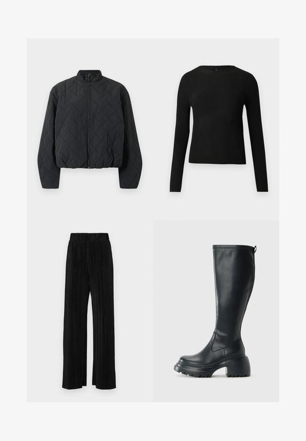 Casaco bomber preto acolchoado com colarinho canelado, fecho completo à frente e mangas largas. A superfície texturizada apresenta um padrão de diamante.; Suéter preto de mangas compridas com textura canelada, justo ao corpo, com um decote redondo, exibido contra um fundo claro e liso.; Calças pregueadas pretas com uma cintura elástica. Apresentam pernas largas e um tecido liso, texturizado com riscas verticais.; Bota preta de couro alta com sola de plataforma robusta e salto bloco, apresentando puxador e padrão texturizado na sola.