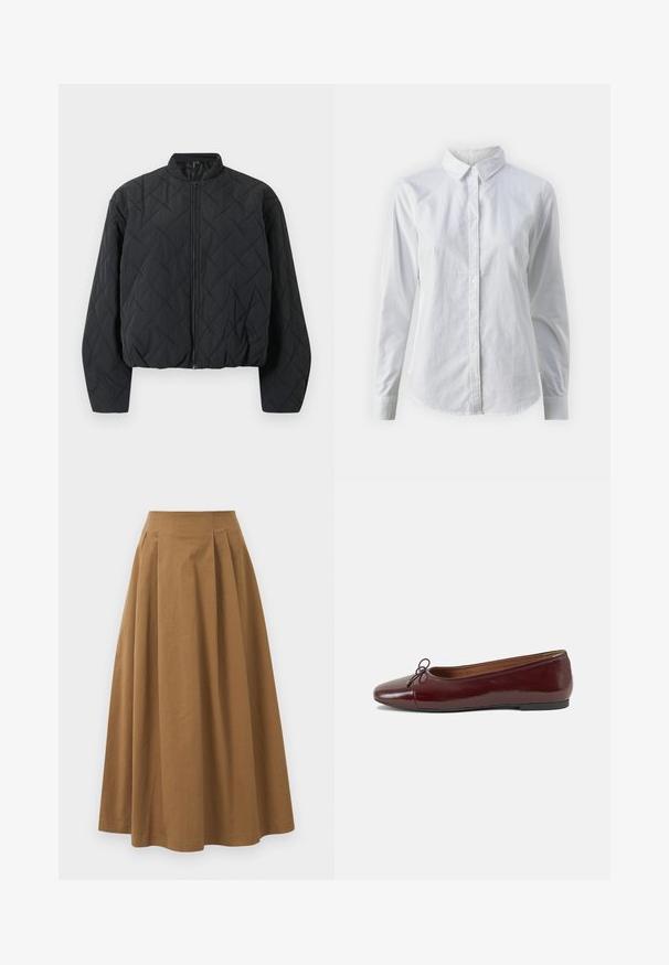 Quiltana crna bomber jakna s rebrastim ovratnikom, punim patentnim zatvaračem sprijeda i širokim rukavima. Tekstura površine sadrži dijamantni uzorak.; Bjela košulja na dugih rukava od glatkog pamuka, s klasičnom kragnom i zakrivljenim rubom. Dugmad su mala i bijela.; Smeđa pamučna suknja A kroja s visokim strukom, koja ima nabore sprijeda i glatku teksturu. Završetci donjeg ruba su čisti i jednostavni.; Burgundska lakirana balerinka s zaobljenim vrhom, malim mašnom sprijeda i niskom, crnom gumenom potplatu. Glatka tekstura.