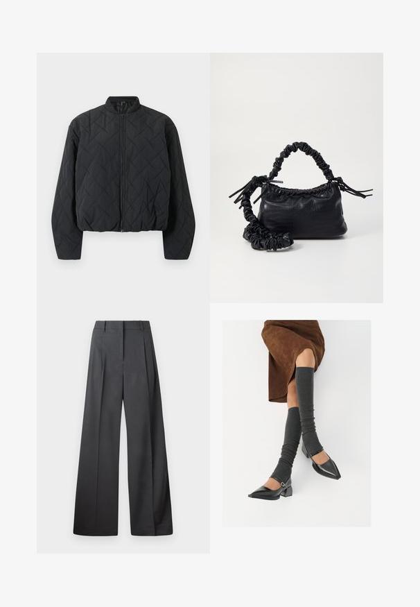 Kvalitetna črna bomber jakna z quiltano površino in rebrastim ovratnikom, polnim zadrgo spredaj ter širokimi rokavi. Teksturo površine dopolnjuje diamantni vzorec.; Črn dolg rokav, prilegajoča majica s kvadratnim izrezom, označena z GAP, prikazana na belem ozadju.; Široke hlače iz temno sive tkanine, z visokim pasom, enim pregibom ter gladko teksturo z čisto obrobo na robovih.; Črne lakirane čevlje s pointy prsti in blok peto ter z naramnicami za gleženj, ki jih kombiniramo s sivimi rebrastimi nogavicami in rjavim suknjičem iz usnja.; Črna torbica iz umetnega usnja s krokodilovo teksturo, z zvitim vrhom in zmečkano naramico. Zdi se mehka in kompaktna v oblikovanju.