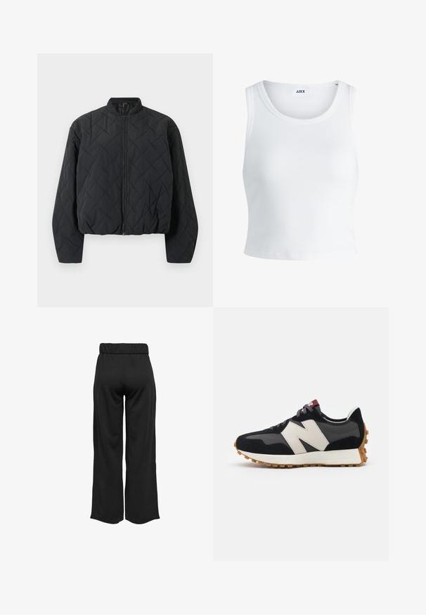 Sakrāva melna bomber jaka ar ribotu apkakli, pilnu rāvējslēdzēju priekšpusē un platām piedurknēm. Tekstūrētā virsma ir ar dimantu rakstu.; Balts ribots topiņš ar apaļu kakla izgriezumu, bez piedurknēm un īsā garumā. Uz birkas ir rakstīts "JJXX." Gluda auduma tekstūra.; Melnas, platas bikses ar elastīgu jostu, izgatavotas no gludas auduma. Iespējamā tīra dizaina ar bez kabatām un redzamām šuvēm.; Melnas un pelēkas zamšādas sporta kurpes ar lielu krēmkrāsas "N" logotipu, purpura šņorēm un strukturētu gumijas zoli.