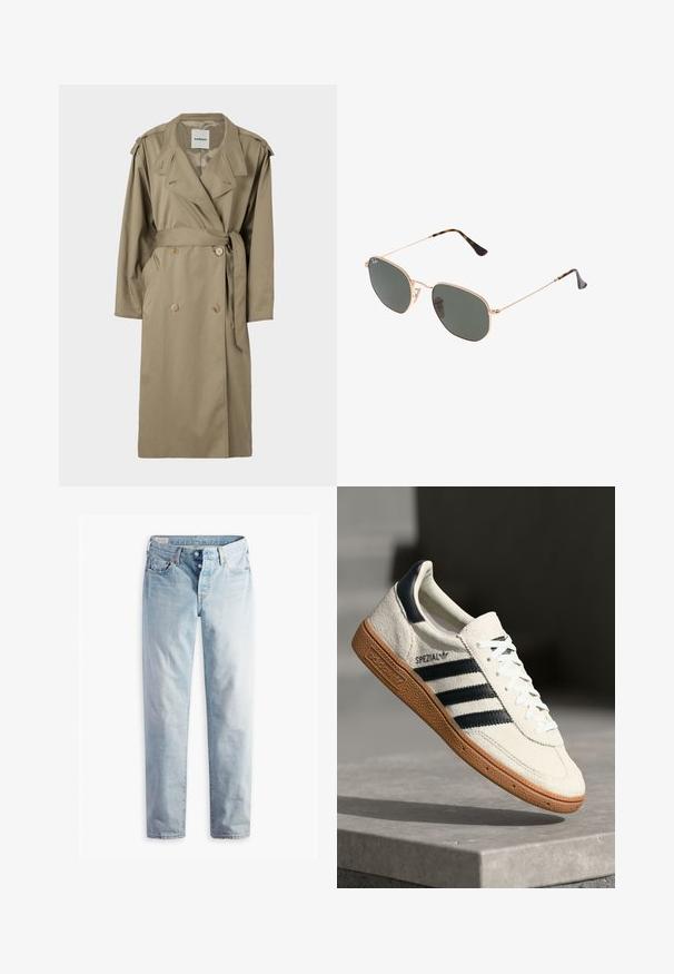 Beżowy trench coat z podwójnym zapięciem, z paskiem w talii i bocznymi kieszeniami. Posiada pagony i klasyczny krój kołnierza.; Biała bluzka z długim rękawem o szerokim dekolcie, z bocznymi rozcięciami i gładkiego, lekkiego materiału, charakteryzująca się prostym, minimalistycznym designem.; Jasnoniebieskie dżinsy o prostym kroju nogawki, z dwiema kieszeniami z przodu i dwiema z tyłu. Posiadają zapięcie na dwa guziki i subtelne przeszycia.; Białe zamszowe sneakersy z granatowymi paskami, gumową podeszwą, teksturowaną górą, okrągłym noskiem i sznurowaniem; posiadają logo po boku i na języku.; Złote okulary przeciwsłoneczne w stylu aviatora z ciemnozielonymi soczewkami, z wąskimi ramionami i akcentami w panterkę na końcach.