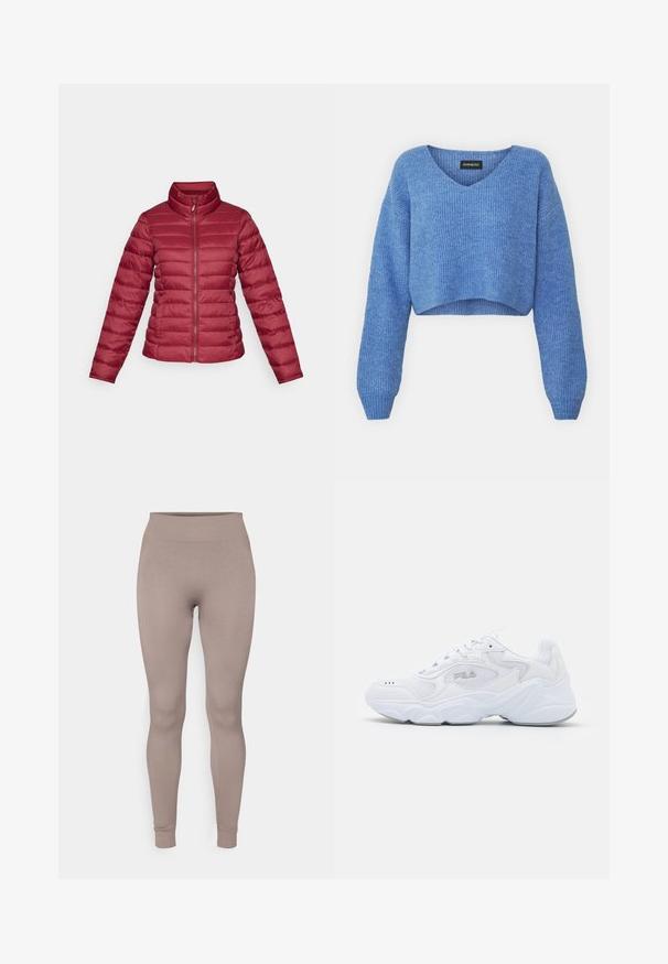 Doudoune rouge avec un col montant, des manches longues et une fermeture éclair sur le devant. Design matelassé horizontal avec une texture lisse et légère.; Pull cropped bleu avec un décolleté en V, texture côtelée et manches longues. Fabriqué dans un matériau doux. Étiquette : even&odd.; Leggings côtelés dans une douce couleur taupe, avec une taille haute, une coupe slim et des chevilles fuselées. Fabriqués en tissu texturé et extensible.; Baskets blanches avec une tige en mesh texturé, un col rembourré et une semelle épaisse. Présente un logo sur le côté et un système de laçage.