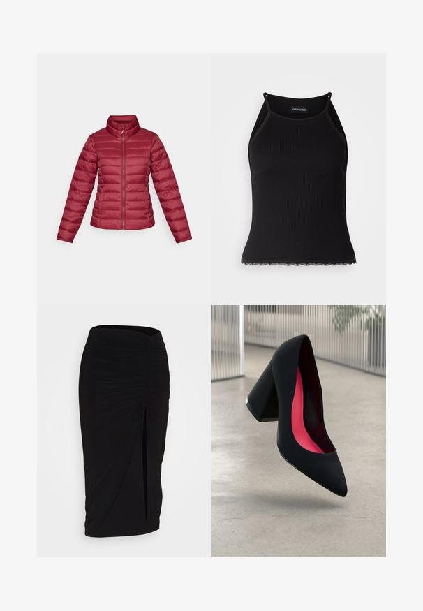 Red puffer jacket with a high collar, long sleeves, and a front zipper. Horizontal quilted design with a smooth, lightweight texture.; Black ribbed tank top with scalloped lace trim at the hem. Features thin straps and a fitted design. Made from stretchable fabric.; Black, ruched pencil skirt with tie detail and a side slit. Made from a stretchy fabric, featuring a smooth texture and form-fitting design.; Black high heel shoe with a pointed toe, textured surface, and a vibrant pink interior. Features a chunky heel with silver accent.