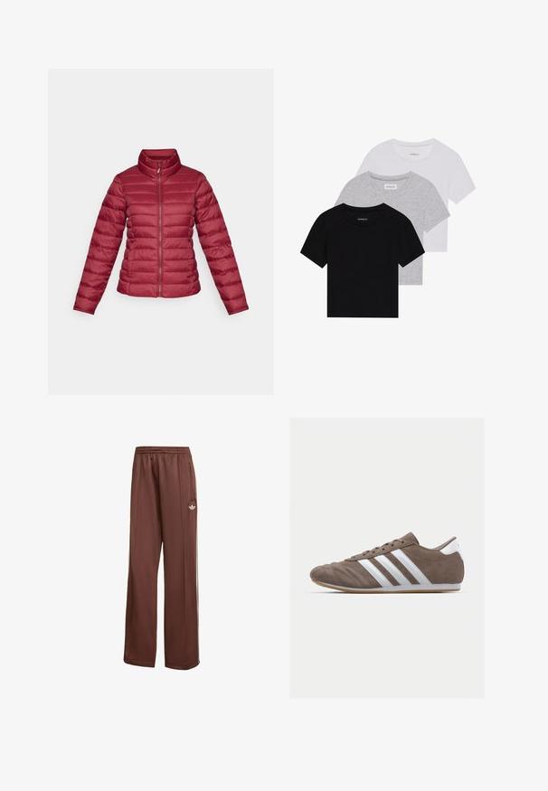 Rode puffer jack met een hoge kraag, lange mouwen en een ritssluiting aan de voorkant. Horizontaal gestikt ontwerp met een gladde, lichtgewicht textuur.; Set van drie korte mouwen t-shirts in zwart, grijs en wit. Gemaakt van katoen, met een ronde hals en een eenvoudig, effen kleurontwerp.; Bruine sportbroek met een relaxte pasvorm. Gemaakt van gladde stof, met zijzakken, witte strepen en een klein wit logo op de dij.; Bruine suède sportschoen met witte strepen, ronde neus, vetersluiting en gumrubberen zool. Gestructureerde bovenkant met stikseldetails.