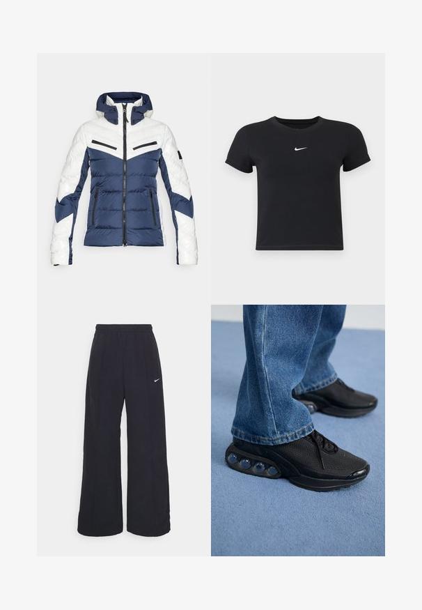 Gefütterte Jacke mit einem marineblauen und weißen Farbschema, Chevron-Design, Reißverschlusstaschen und Kapuze mit Knopfverschluss.; Schwarzes T-Shirt mit kurzen Ärmeln aus Baumwolle und rundem Ausschnitt. Es hat ein weißes Nike-Logo auf der Brust, ein minimalistisches Design und eine taillierte Form.; Schwarze weit geschnittene Hosen mit einem elastischen Bund und einem kleinen weißen Nike-Logo. Der Stoff hat eine glatte Textur und ist für Komfort und lässiges Tragen konzipiert.; Schwarze sportschuhe mit atmungsaktivem Mesh-Obermaterial, strukturierten Akzenten und sichtbaren Luftpolstern in der Sohle. Getragen mit blauen Jeans.