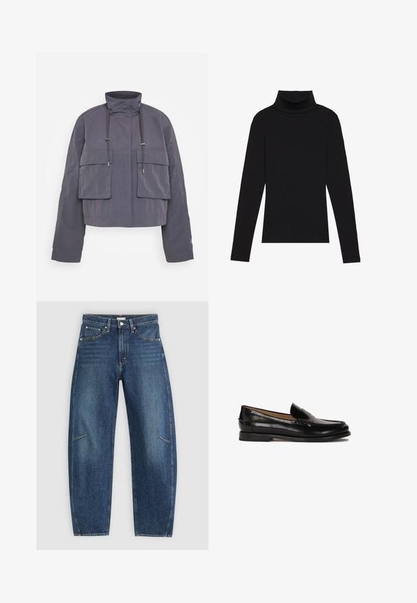 Kratka jakna iz temno sive tkanine, z dvema sprednjima žepoma, visokim ovratnikom in vrvicami za prilagoditev. Gladka tekstura in sproščen kroj.; Črna majica s puloverjem in dolgimi rokavi, izdelana iz rebraste tkanine, ima prilegan kroj s visokim ovratnikom in brez vzorcev ali okrasnih elementov.; Temno modri traper hlače s ravno obliko, ki vključujejo sprednje žepe, kontrastne šive in subtilno zbledelo teksturo na nogah.; Črne usnjene loafers cipele z zaobljenim nosom, enostavno obuvanje in subtilne šive ob zgornjem delu. Ravna gumijasta podplata.