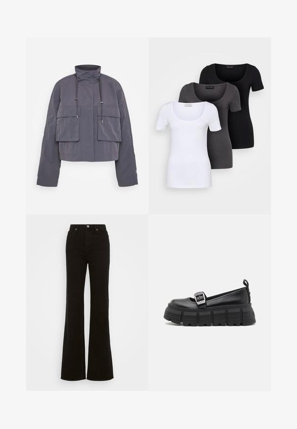 Tamsiai pilkos medžiagos trumpa striukė, turinti dvi priekinės kišenes, aukštą apykaklę ir raištelius reguliavimui. Glotni tekstūra ir laisvas siluetas.; Trys priderinti marškiniai: balti, pilki ir juodi. Kiekvienas turi plačią apvalią iškirptę ir trumpas rankoves. Pagaminti iš lygaus, tamprių audinio.; Juodos džinsinės kelnės su aukštu liemeniu, platėjančios, turinčios mygtuko užsegimą, šonines kišenes ir lygų paviršių.; Juodi platforminiai loafersai su apvalia nosimi, lygiu oda viršumi, reguliuojamu sagtimi ir tekstūruotu guminiu padu, turinčiu horizontalias briaunas.