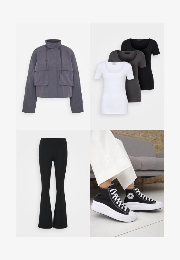 Jachetă scurtă din material gri închis, având două buzunare frontale, o guler înalt și șnururi pentru ajustare. Textură netedă și croială lejeră.; Trei tricouri ajustate, în alb, gri și negru. Fiecare are un decolteu larg în formă de cerc și mâneci scurte. Fabricate dintr-un material neted și elastic.; Pantaloni negrii evazați dintr-un material elastic, având un talie înaltă și o textură netedă. Pantalonii se lărgesc de la genunchi.; Adidași negri înalți cu tălpi și șireturi albe din cauciuc. Prezintă o pată logo rotundă și cusături albe contrastante. Material din pânză.