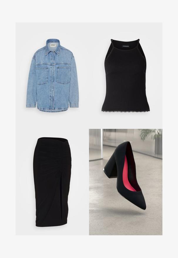 Svijetloplava traper košulja jakna s ovratnikom, prednjim dugmadi, dva džepa na prsima i dugim rukavima. Teksturirana tkanina, ravni rub.; Črn rebrast top brez rokavov z valovitimi čipkastimi robovi na dnu. Ima tanke naramnice in oprijet kroj. Narejen je iz raztegljivega materiala.; Črna, nabrana svinčnik krilo z detajlom v obliki traku in stranskim razporkom. Narejeno iz raztegljive tkanine, ki se ponaša z gladko teksturo in oblikovanjem, ki se prilega telesu.; Črne visoke petke z nazobčanim prstom, teksturirano površino in živahnimi rožnatimi notranjimi deli. Imajo robustno peto z srebrnim akcentom.