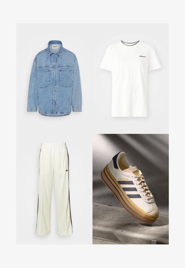 Svijetloplava traper košulja-jakna s ovratnikom, prednjim kopčanjem na gumbe, dva džepa na prsima i dugim rukavima. Teksturirana tkanina, ravni rub.; Bijela pamučna majica kratkih rukava s okruglim izrezom. Ima crni Adidas logo na prsima i kontrastnu crnu unutrašnju ovratniku.; Kremaste trenerke s opuštenim krojem, s tamno smešnim bočnim prugama i izvezenim logom na levom bedru.; Adidas Gazelle tenisice s kremasto antilop gornjom, plavim kožnim akcentima, tri plave pruge, bež međupotplat i smešani gumeni potplat.