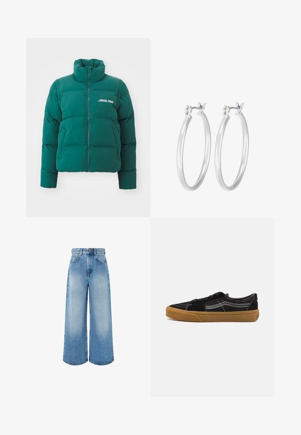 Žalia pūkinė striukė su aukštu apykakle, priekyje užtrauktuku ir paminkštintu dizainu. Yra logotipas kairėje krūtinės pusėje ir dvi šoninės kišenės. Sklandus paviršius.; Balta, raukšlėta ilgarankovė palaidinė su apvalia iškirpte. Pagaminta iš elastingos medžiagos, kuri prisitaiko prie kūno. Pasipuošusi subtiliomis horizontaliosiomis linijomis.; Šviesiai mėlynos plačios kojų džinsinės kelnės, pagamintos iš džinsinio audinio, su aukštu liemeniu, mygtukų užsegimu ir subtiliu išblukimu, turinčiu švarius apdailos kraštus.; Juodi suede sportbačiai su balta siūle ir firminiu šoniniu juosteliu, turintys rudą gumos padą ir žemo profilio dizainą. Su juodais raišteliais.; Sidabriniai auskarai su sklandžiu, poliruotu paviršiumi. Apvalios formos ir saugus uždarymo mechanizmas. Lengvas dizainas, tinkantis kasdieniam dėvėjimui.