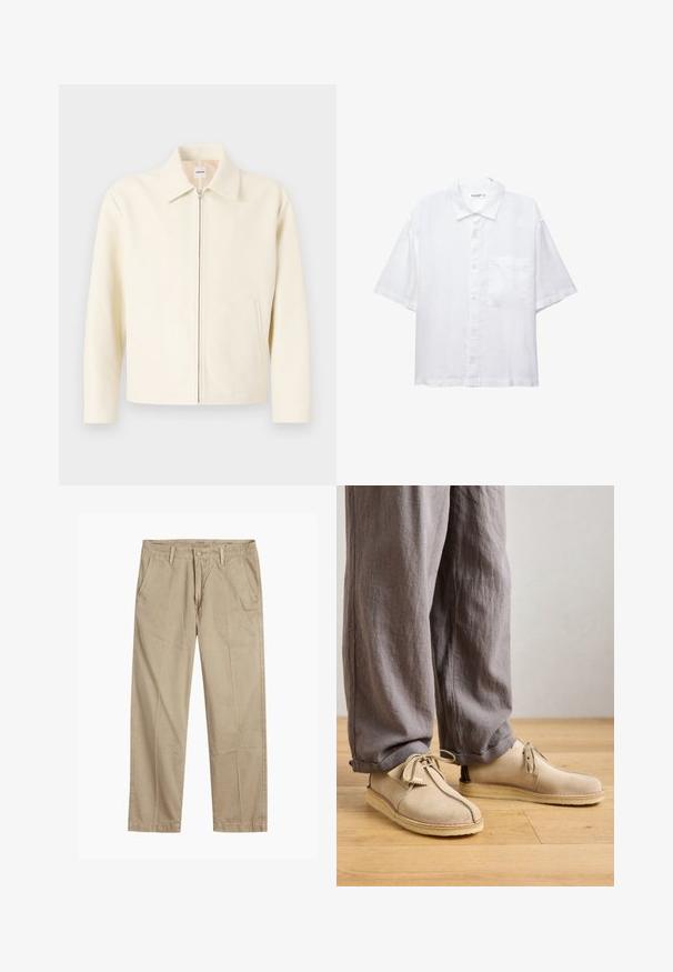 Jasnokremowa kurtka z wyraźnym kołnierzem, zamkiem błyskawicznym z przodu i bocznymi kieszeniami. Wykonana z gładkiego materiału, o minimalistycznym wzornictwie.; Biała koszula z krótkim rękawem, z zapięciem na guziki z przodu, kołnierzykiem i jedną kieszenią na piersi. Wykonana z lekkiego materiału o gładkiej fakturze.; Beżowe chinosy o prostym kroju z pętlami na pasek, przednim zapięciem na guzik i zamek błyskawiczny oraz skośnymi kieszeniami z przodu.; Beżowe zamszowe buty z okrągłym noskiem, detalami sznurowania i stębnowanymi akcentami, połączone z luźnymi szarymi lnianymi spodniami na drewnianej podłodze.