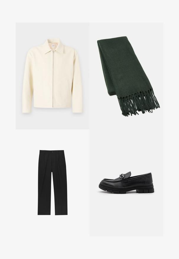Jachetă de culoare crem, cu guler structurat, fermoar frontal și buzunare laterale. Fabricată dintr-un material neted, având un design minimalistic.; Set de opt tricouri negre din bumbac cu mâneci scurte și gât rotund, având un design simplu și o textură moale.; Pantaloni negri cu un design drept, fabricați dintr-un material neted. Au plisse în față și un sistem de închidere cu un singur buton la talie.; Mocasini din piele neagră cu vârful rotund, o curea decorativă și accesorii metalice, și o talpă chunky texturată. Finisaj neted cu detalii subtile.; Eșarfă de culoare verde închis, confecționată dintr-un material moale, cu un design elegant și margini franjurate pentru un plus de textură.