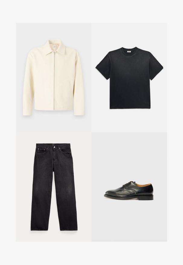 Kreminės spalvos striukė su struktūrizuotu apykakle, priekiniais užtrauktukais ir šoninėmis kišenėmis. Pagaminta iš sklandžios medžiagos, turinti minimalistinį dizainą.; Juodas medvilninis marškinėliai su apvaliu kaklu ir trumpomis rankovėmis. Turi laisvą siluetą, lygią tekstūrą ir minimalistinį dizainą.; Juodi džinsai su laisvu siluetu, turintys penkias kišenes, sagų užsegimą ir švelnų blukimą visame audinyje.; Juodas odinis suknelės batelis su lygiu paviršiumi, apvalia nosimi ir minimaliai surišamais raišteliais. Joje yra subtilus dizainas ir žemas, tvirtas gumos padas.