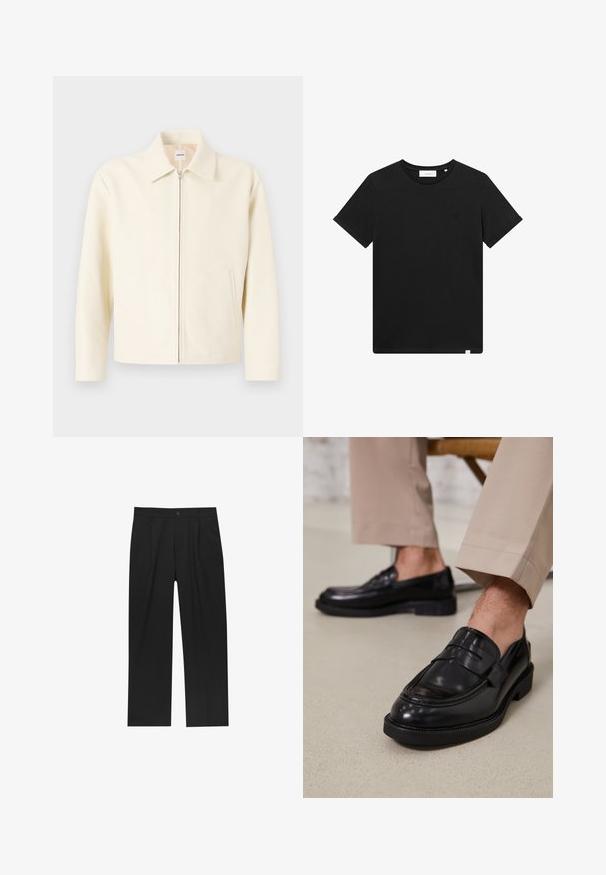Krémová bunda so štruktúrovaným golierom, predným zipsom a bočnými vreckami. Vyrobená z hladkého materiálu, s minimalistickým dizajnom.; Čierne tričko s krátkym rukávom vyrobené z bavlny, s okrúhlym výstrihom a malým logom vyšitým na hrudi. Hladká textúra, štandardný strih.; Čierne nohavice s rovnými nohavicami, vyrobené z hladkej tkaniny. Majú predné puky a jediné gombíkové zapínanie v páse.; Čierne kožené poltopánky s hladkým povrchom, so zdobným remienkom a kontrastným prešívaním, skombinované s béžovými nohavicami.