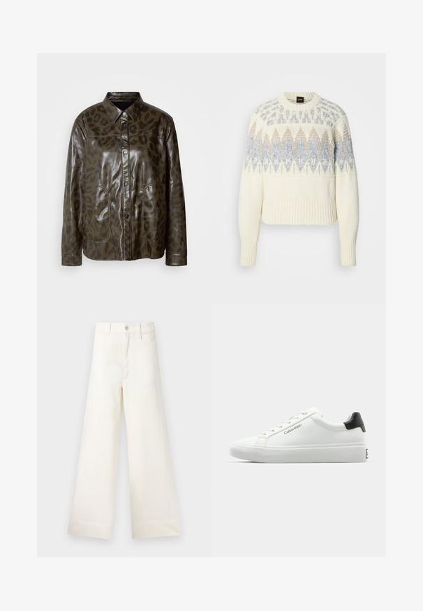 Dark green leather jacket with glossy finish, button closure, pointed collar, and brown leopard print pattern. Features two front pockets.; Cream knit sweater with ribbed cuffs and hem, featuring blue and beige geometric patterns across chest and upper sleeves.; Wide-leg trousers in light beige cotton. Features a high waist, front pockets, and a straight cut. Clean hem finishing without patterns.; White sneaker with a smooth finish, black heel accent, and lace-up design. Features "Calvin Klein" branding on the side. Minimalist style.