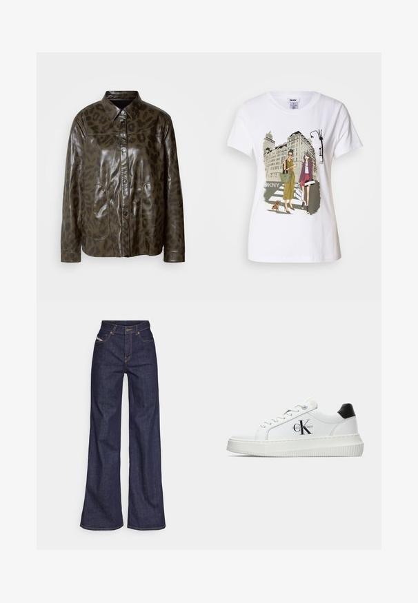 Tmavě zelená kožená bunda s lesklým povrchem, zapínání na knoflík, špičatý límec a hnědý vzor leopardí srsti. Obsahuje dvě přední kapsy.; Bílý bavlněný tričko s potiskem, který zobrazuje dvě ženy v městských módních stylech se psem na přechodu a městskými budovami.; Tmavě modré džíny s širokým střihem vyrobené z denimové tkaniny, s vysokým pasem, oranžovým prošíváním, pěti kapsami a zapínáním na knoflík.; Bílé nízké tenisky s černým patním tabem, platformovou podrážkou, tkaničkami a logem Calvin Klein "CK" na boku.