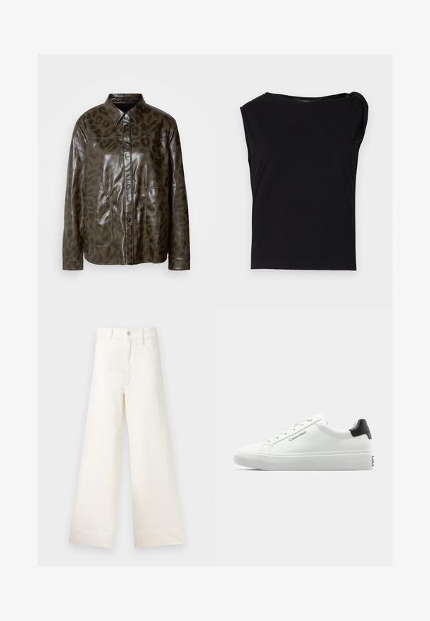 Sötétzöld bőrkabát fényes bevonattal, gombos záródással, hegyes gallérral és barna leopárdmintázattal. Két elülső zsebbel rendelkezik.; Fekete, rövid ujjú felső, sima anyagból készült. Kerek nyakkivágással és redőzött részletekkel a vállon. Egyszerű, szoros fazon.; Világos bézs pamut széles lábú nadrág. Magas derék, elülső zsebek és egyenes vonalú fazon jellemzi. Tiszta, mintázat nélküli hem befejezés.; Fehér sneaker sima felülettel, fekete sarok akcentussal és fűzős dizájnnal. Oldalán "Calvin Klein" márkázás található. Minimalista stílus.