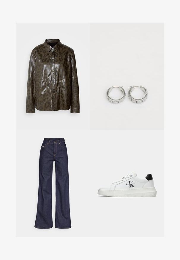 Ciemnozielona skórzana kurtka z błyszczącym wykończeniem, z zapięciem na guziki, spiczastym kołnierzem i brązowym wzorem w panterkę. Posiada dwie przednie kieszenie.; Biała, bezrękawnikowa bluzka z prążkowanej tkaniny, z okrągłym dekoltem i bezszwowymi krawędziami dla gładkiego dopasowania.; Ciemnoniebieskie dżinsy szerokie w nogawkach wykonane z denimu, z wysokim stanem, z pomarańczowymi przeszyciami, pięcioma kieszeniami i zapięciem na guzik.; Białe sneakersy typu low-top z czarnym paskiem na pięcie, platformą, sznurowadłami i logo "CK" marki Calvin Klein na boku.; Srebrne kolczyki w kształcie obręczy o teksturowanym wzorze z pionowymi żłobieniami. Okrągły kształt z pewnym zapięciem. Gładkie wykończenie.
