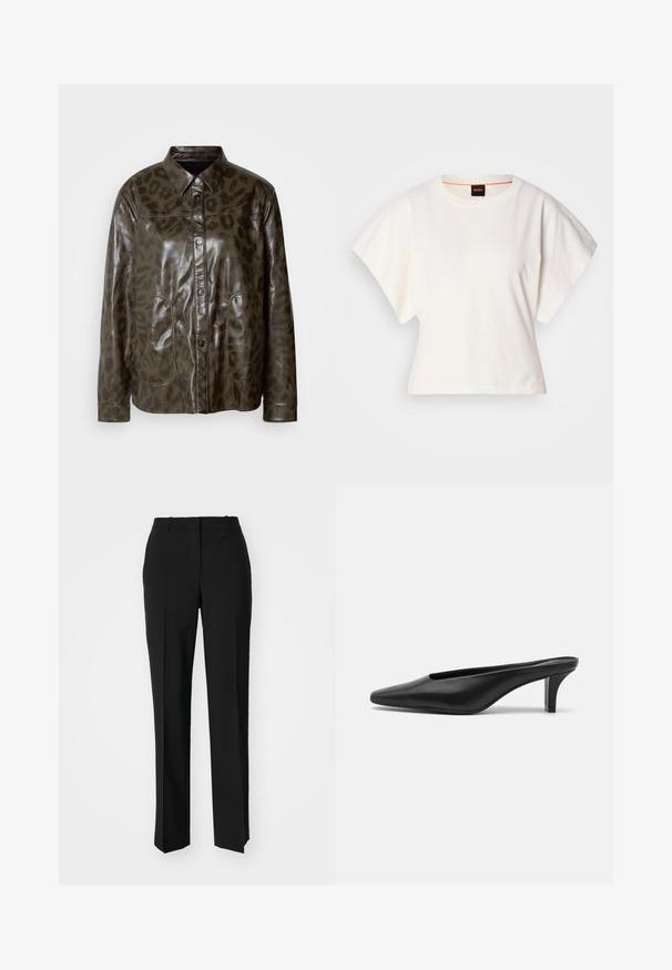 Tmavozelená kožená bunda s lesklým povrchom, zapínanie na gombíky, špicatý golier a hnedý leopardí vzor. Obsahuje dve predné vrecká.; Biely skrátený tričko, krátke široké rukávy, mäkký bavlnený materiál, okrúhly výstrih s jemným oranžovým lemovaním, minimalistický dizajn, bez vzorov alebo grafiky.; Čierne krajčírské nohavice so strihom rovného nohu, s hladkou textúrou a ostrými skladmi pozdĺž prednej časti. Žiadne viditeľné hardvér.; Čierne kožené špicaté muly s nízkym stiletto podpätkom. Hladká textúra, minimalistický dizajn a otvorená zadná časť pre jednoduché obúvanie.