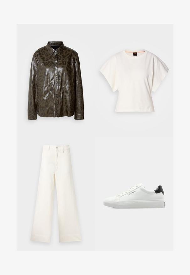 Dark green leather jacket with glossy finish, button closure, pointed collar, and brown leopard print pattern. Features two front pockets.; White cropped T-shirt, short wide sleeves, soft cotton material, round neckline with subtle orange trim, minimal design, no patterns or graphics.; Wide-leg trousers in light beige cotton. Features a high waist, front pockets, and a straight cut. Clean hem finishing without patterns.; White sneaker with a smooth finish, black heel accent, and lace-up design. Features "Calvin Klein" branding on the side. Minimalist style.