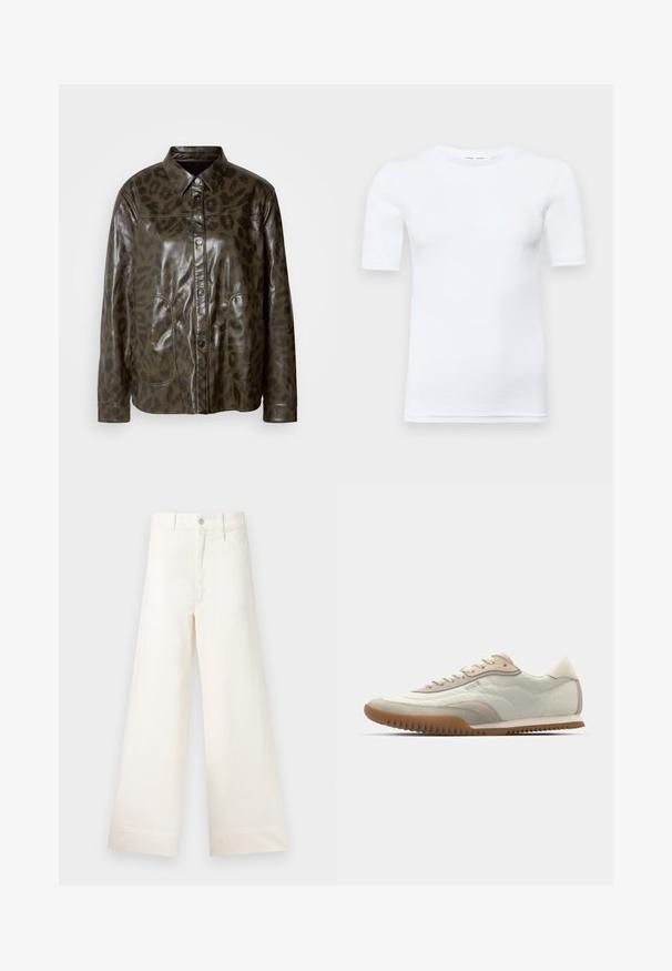 Mørkegrøn læderjakke med glat overflade, knaplukning, spids krave og brun leopardmønster. Har to frontlommer.; Hvid kortærmet t-shirt lavet af bomuld. Har en rund halsudskæring og en glat overflade, med minimal syning synlig ved kanten.; Bredde benbukser i lys beige bomuld. Har høj talje, for- og baglommer samt lige pasform. Renset kantafslutning uden mønstre.; Hvide og beige sneakers med en glat overdel og suede detaljer, en tekstureret sål og tonet syninger. Snørelukning med logo detalje.