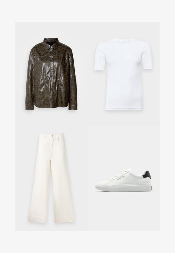 Dunkelgrüne Lederjacke mit glänzender Oberfläche, Knopfverschluß, spitzem Kragen und braunem Leopardenmuster. Verfügt über zwei Fronttaschen.; Weißes T-Shirt mit kurzen Ärmeln aus Baumwolle. Verfügt über einen runden Halsausschnitt und eine glatte Textur, mit minimal sichtbaren Nähten am Saum.; Weite Hosen aus hellem beigen Baumwollstoff. Mit hoher Taille, vorderen Taschen und geradem Schnitt. Saubere Saumverarbeitung ohne Muster.; Weißer Sneaker mit glatter Oberfläche, schwarzem Absatz und Schnürdesign. Mit "Calvin Klein"-Branding an der Seite. Minimalistischer Stil.