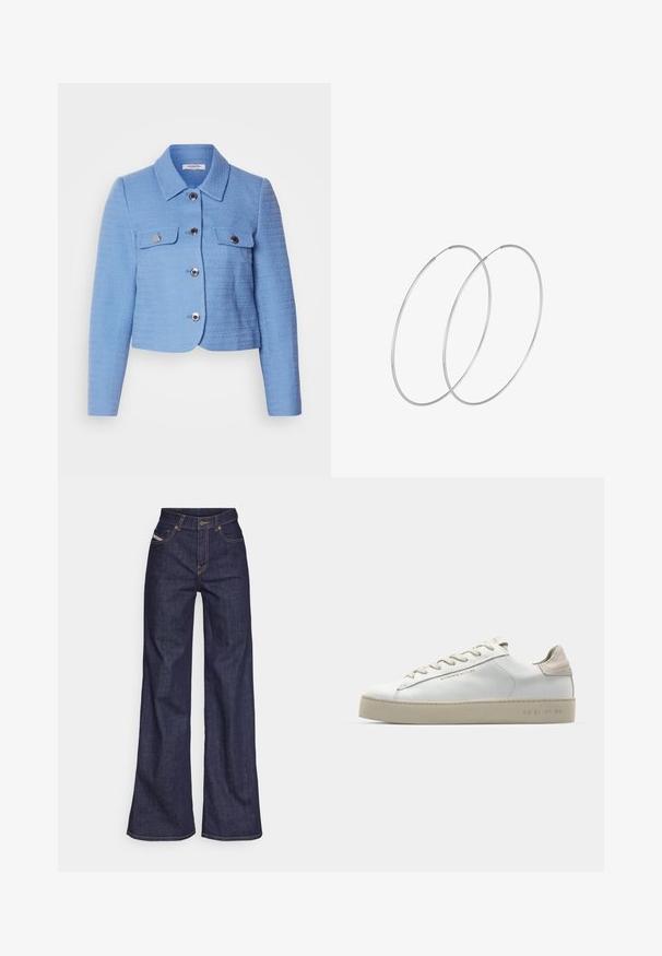 Trumpetas mėlynas švarkas su tekstūruotu audiniu, turi apykaklę, sidabrinius mygtukus ir dvi priekinės kišenes su sklendėmis.; Jūrinis turtlenckas ilgomis rankovėmis. Pagamintas iš minkštos medžiagos su lygiu paviršiumi. Turi prigludusį dizainą ir aukštą apykaklę be matomų siūlių.; Tamsiai mėlynos plačios kojų džinsinės kelnės iš denimo audinio su aukštu liemeniu, su oranžinėmis siūlėmis, penkių kišenių dizainu ir sagčių užsegimu.; Balti odiniai sportbačiai su lygiu paviršiumi, šviesiai rudos suede akcentais, apvalia nosimi, plokščiu raištelių užsegimu ir tekstūruotu guma pagamintu padu.; Sidabrinės pusmėnulio auskarai minimalistiniu dizainu. Apskritimo forma, lygus paviršius ir plonas profilis. Lengvi su poliruotu apdailu.