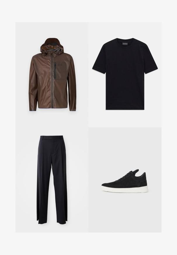 Ruda vandeniui atspari striukė su užtrauktuku priekyje, su gobtuvu ir krūtine kišenė. Pasižymi lygiu paviršiumi ir minimalizmo dizainu su prekės ženklu.; Juoda trumpomis rankovėmis apvaliu kaklu marškinėliai su subtiliu iškilniu ornamentu ir prekės ženklo etikete apykaklėje, padėti ant baltos fono.; Juodi, aukštai užtraukiami kelnių modeliai su plačiomis kojomis, pagaminti iš lygaus audinio. Yra priekiniai raukšlės ir diržo kilpos. Minimalistinio dizaino, be matomų detalių.; Juodų suede sportbačių su balta gumine padu, su toniniais siuvinėjimais ir raištelių užsegimu. Sklandus paviršius su šiuolaikine, laiko forma.