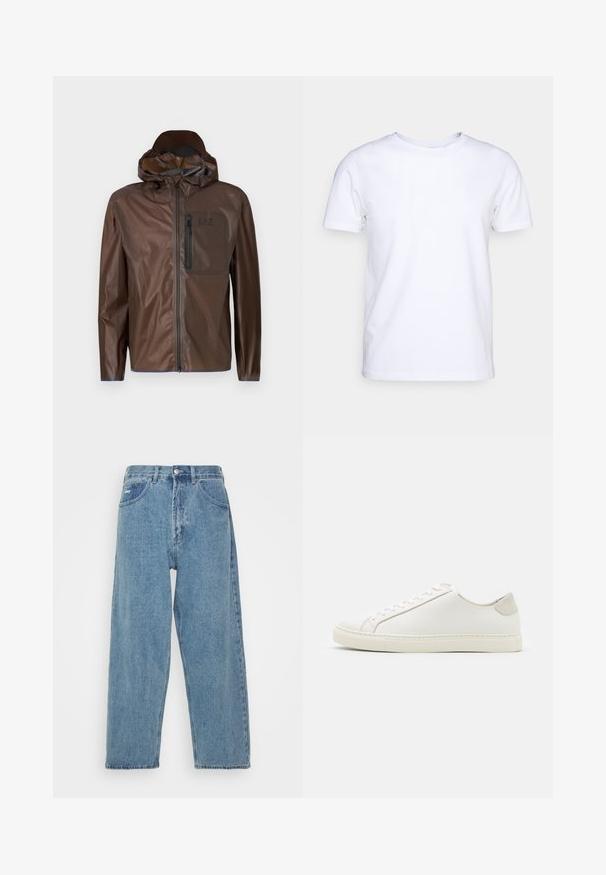 Hnědá nepromokavá bunda se zipem vpředu, kapucí a náprsní kapsou. Vyznačuje se hladkou texturou a minimalistickým designem s brandingem.; Bílý krátký rukáv bavlněné tričko s kulatým výstřihem. Jednoduchý design bez vzorů nebo detailů. Hladká textura.; Svetle modré džíny s vysokým pasem a uvolněným střihem, vybavené dvěma předními kapsami, jednou zadní kapsou a zapínáním na knoflík.; Bílé kožené tenisky s hladkým povrchem, kulatou špičkou a minimalistickým designem. Disponují béžovými akcenty na patě a gumovou podešví.