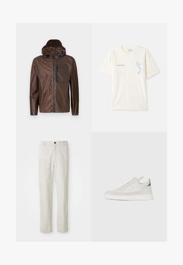 Casaco impermeável castanho com fecho éclair à frente, capuz e um bolso no peito. Apresenta uma textura suave e um design minimalista com logótipo.; T-shirt de algodão branca com mangas curtas, apresentando o texto "United By Rhythm" em gráfico preto e azul no peito. Design de gola redonda.; Calças beige de perna reta com passantes para cinto, botão frontal e fecho de zip, exibidas de forma plana sobre um fundo branco.; Ténis brancos em pele com detalhes em camurça cinza, design de atacadores, com alça de puxar e sola de borracha texturizada com padrão em zigzag.
