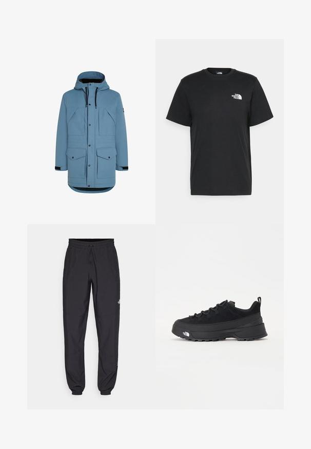 Lichtblauwe gewatteerde winterjas met voorste drukknoopjes, zwarte trekkoorden en vier klepzakken, weergegeven op een witte achtergrond.; Zwarte katoenen T-shirt met korte mouwen, ronde hals en een klein wit logo op de linkerkant van de borst. Eenvoudig ontwerp, gladde textuur en een comfortabele pasvorm.; Zwarte sportieve broek gemaakt van lichtgewicht stof, met een trekkoord in de taille, zijzakken en taps toelopende boorden bij de enkels.; Zwarte outdoor sneaker met een suede bovenkant, een gestructureerde rubberen zool en een stevig vetersysteem. Heeft een versterkte hiel en een merklogo aan de zijkant.