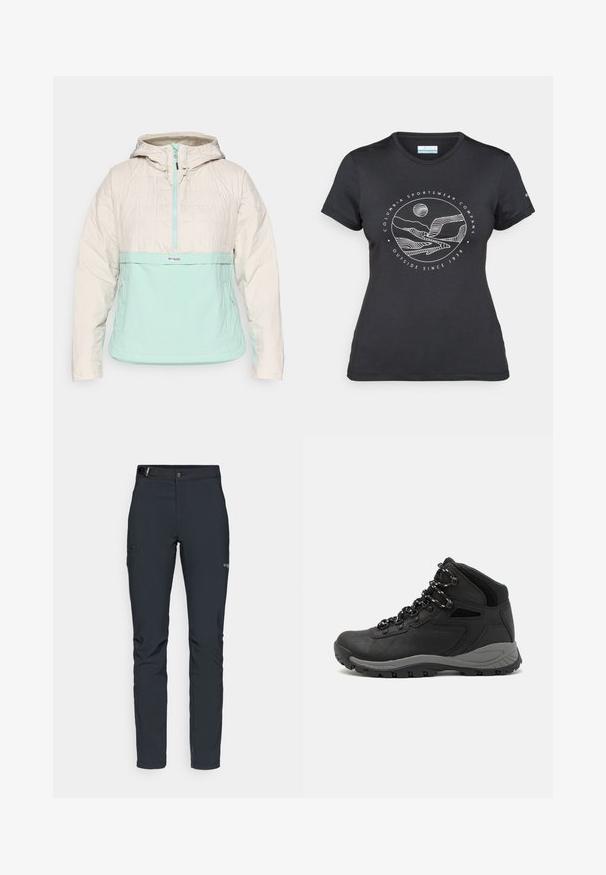 Lightweight puffer jacket featuring a cream top section and mint green bottom. Includes a hood, half-zip front, and quilted texture.; Black Columbia t-shirt with white circular mountain and river line art and text "Columbia Sportswear Company Outside Since 1938."; Men's outdoor pants, dark gray, made from flexible material, featuring a belt, zippered pockets, and reinforced stitching.; Black hiking boot with a mid-top design, featuring a textured upper, gray accents, and durable rubber sole with traction lugs.