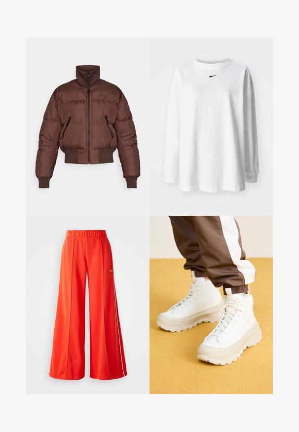 Casaco puffer castanho com gola alta, fecho de correr e punhos canelados. Apresenta dois bolsos laterais com fecho de correr e um design curto.; T-shirt branca de manga longa, feita de algodão, com decote redondo e um pequeno logo preto da Nike no peito. Design simples, corte relaxado.; Calças de treino vermelhas feitas de um tecido leve apresentam um design de pernas largas, cintura elástica e um logotipo branco da Nike na lateral.; Ténis brancos de cano alto com uma sola grossa e texturizada, apresentando um cabedal liso, bico redondo e atacadores tonalizados, sobre um fundo amarelo.