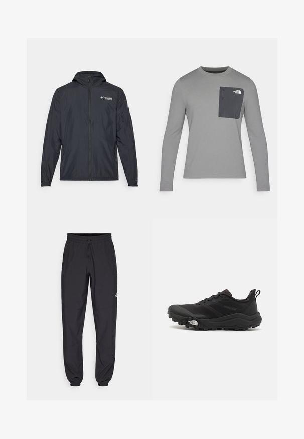 Lightweight black jacket with hood, zip closure, and Columbia logo. Features smooth texture and elastic cuffs for a snug fit.; Long-sleeve gray shirt with textured fabric, featuring a dark gray chest pocket and a zip closure. Logo on pocket in white.; Black athletic pants made from lightweight fabric, featuring a drawstring waistband, side pockets, and tapered cuffs at the ankles.; Black trail running shoe with a textured upper, rubber sole, and reinforced toe cap. Features a padded collar and pull tab for easy wear.
