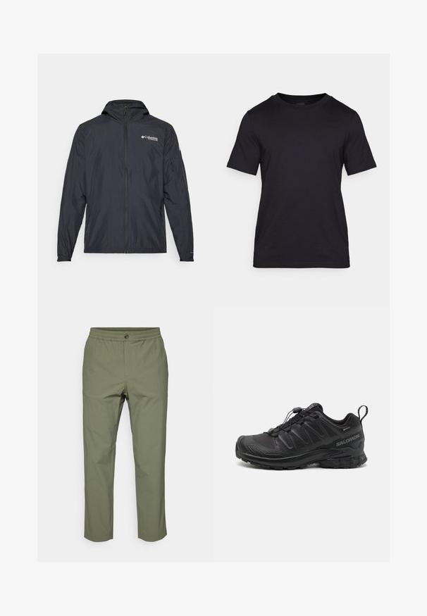 Lekką czarną kurtkę z kapturem, zapinaną na zamek i z logo Columbia. Charakteryzuje się gładką teksturą i elastycznymi mankietami dla lepszego dopasowania.; Czarna koszulka z gładkiej tkaniny, z okrągłym dekoltem i krótkimi rękawami. Dyskretne logo wydrukowane na czerni na klatce piersiowej.; Spodnie w oliwkowym kolorze wykonane z lekkiego materiału, z elastycznym paskiem w talii, zapięciem na guzik oraz prostymi nogawkami bez widocznych wzorów.; Czarny but sportowy z teksturowanym syntetycznym wierzchem, amortyzowaną podeszwą i systemem szybkiego sznurowania. Posiada wzmocniony nos i piętę.