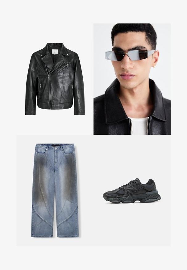 Črna usnjena motoristična jakna z zadrgo, širokimi reverji in dolgimi rokavi. Mehka tekstura in strukturirana zasnova z kovinskimi dodatki.; Flanelasta srajca z razlogom v rumeni in črni karirici, dolgimi rokavi, dvema prsnikima, gumbom spredaj in sproščenim krojem.; Top brez rokavov s kariranim vzorcem v rdečih, modrih, rumenih in rjavih tonih, ki ima na prsih v odebeljenih rumenih črkah napis "WESTWOOD" s poudarjenimi zvezdami.; Svetlo modre široke jeans hlače iz denima z edinstveno kotno zasnovo, učinki bledenja in kontrastnim šivom. Stil s petimi žeparji.; Črne tekaške superge, ki združujejo mrežaste in sintetične materiale, imajo debel podplat, ukrivljen oblikovni slog ter izrazito blagovno znamko na strani.; Angularne sončne očala s sivim tonom in srebrnim okovjem, postavljena na svetli podlagi. Leče imajo edinstveno geometrijsko obliko.