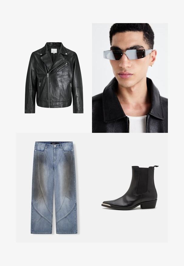 Črna usnjena motoristična jakna z zadrgo, širokimi reverji in dolgimi rokavi. Mehka tekstura in strukturirana zasnova z kovinskimi dodatki.; Top brez rokavov s kariranim vzorcem v rdečih, modrih, rumenih in rjavih tonih, ki ima na prsih v odebeljenih rumenih črkah napis "WESTWOOD" s poudarjenimi zvezdami.; Flanelasta srajca z razlogom v rumeni in črni karirici, dolgimi rokavi, dvema prsnikima, gumbom spredaj in sproščenim krojem.; Svetlo modre široke jeans hlače iz denima z edinstveno kotno zasnovo, učinki bledenja in kontrastnim šivom. Stil s petimi žeparji.; Črne gležnjarje iz teksturirane usnja z nazobčanim nosom, elastičnimi stranskimi paneli, zanko za vlečenje na hrbtni strani in nizko blokasto peto.; Angularne sončne očala s sivim tonom in srebrnim okovjem, postavljena na svetli podlagi. Leče imajo edinstveno geometrijsko obliko.