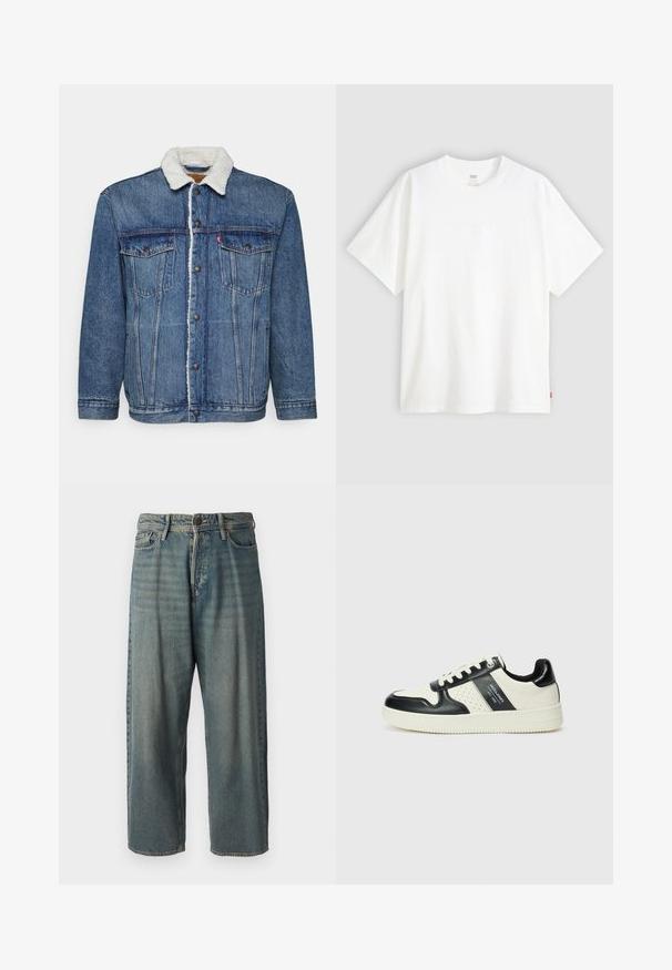 Tamsiai mėlyna džinsinė striukė su balta pūkinė apykakle, mygtukų uždarymu ir dviem krūtinės kišenėmis. Yra nusidėvėjimo detalės ir laisvas siluetas.; Baltas trumpas rankovės marškinėlis, pagamintas iš medvilnės, su apvalia iškirpte. Priekyje yra subtilus iškilus logotipas ir raudonas etiketas ant apačios.; Šviesiai mėlyni džinsai su laisvu siluetu, vidutinio aukščio juosmeniu ir tiesiomis kojomis. Su penkiais kišenėmis, diržo kilpo ir mygtukų uždarymu.; Odiniai sportbačiai juodos ir kreminės spalvų schemoje, su perforuotais akcentais, paminkštinta apykakle ir tekstūruotu padu.