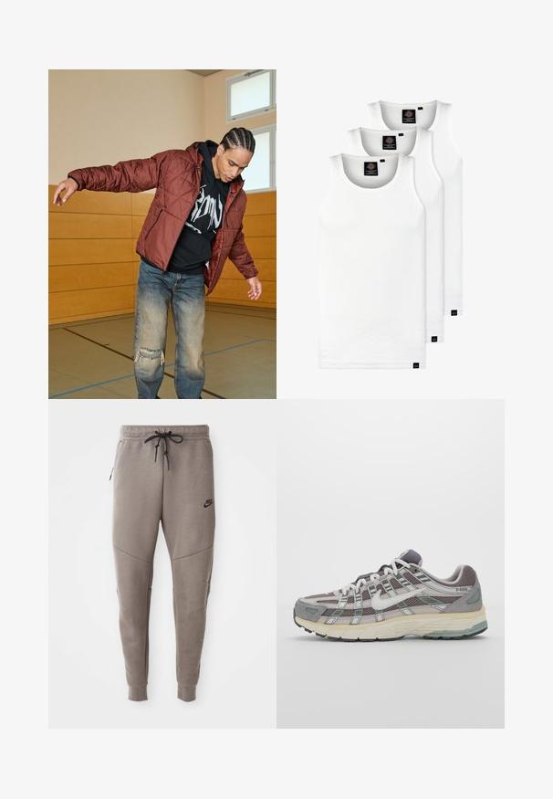 Bordó steppelt pufidzseki kapucnival, fekete grafikai kapucnis pólóval és kopott kék farmernadrággal párosítva. A háttérben fából készült falak és padló látható.; Három fehér csíkos pamut trikó. Felső része kerek nyakkivágású, és a szegély közelében kis fekete címkék találhatók. Több méretben elérhető.; Szürke Nike melegítőnadrág húzózsinórral a deréknál, keskeny lábakkal, oldalsó zsebekkel és jellegzetes varrás részletekkel. Puha, texturált anyag.; Szürke sportcipő, hálós és velúr felsőrésszel, fehér részletekkel, párnázott talppal és jellegzetes dizájnnal, amely visszaverő elemeket tartalmaz.
