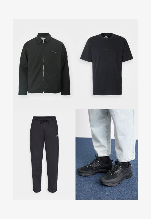 Zwarte jas van stevig materiaal, met een kraag en een rits aan de voorkant, en zijzakken. Logo weergegeven op de linker borst.; Zwarte katoenen t-shirt van Nike met een klassieke ronde hals, korte mouwen en een subtiele, reliëflogo op de borst. Gladde textuur.; Zwarte sweatpants van zacht stof met een elastische tailleband, trekkoord en een klein Nike-logo op de linker bovenbeen.; Zwarte sportschoenen met gestructureerde stof en rubberen zolen, met elastische veters en een blauwe accent op de hiel. Draag samen met lichte spijkerbroeken.