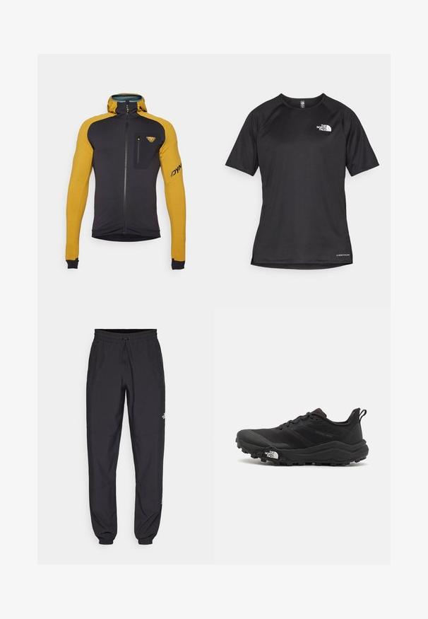 Dynafit RADICAL - Treningsjakke - tobacco; Svart kortermet treningstrøye med strukturert stoff, med en hvit logo på venstre bryst og rett kant.; Sorte idrettsbukser laget av lett stoff, med snor i livet, sidelommer og smale mansjetter ved anklene.; Svart terrengløpesko med teksturert overdel, gummisåle og forsterket tåhette. Har polstret krage og løftestropp for enkel påkledning.